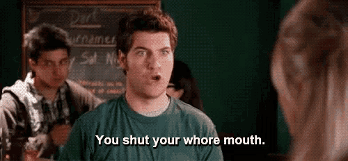 a man is talking to a woman and saying `` you shut your whore mouth '' .