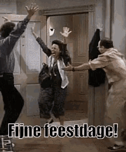 a group of people are dancing in a room with the words fijne feestdag written on the bottom .