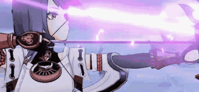 a cartoon character is holding a sword and a bow and arrow in a video game .
