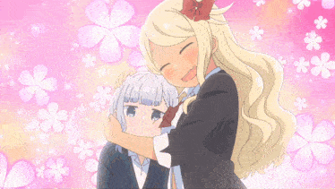 a girl with blonde hair is hugging another girl with gray hair