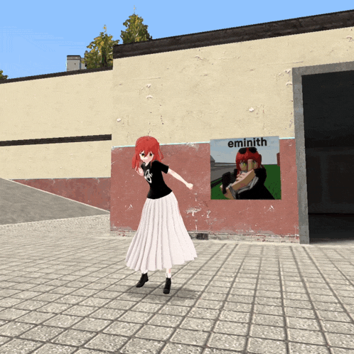 a girl in a white skirt is standing in front of a sign that says eminimth