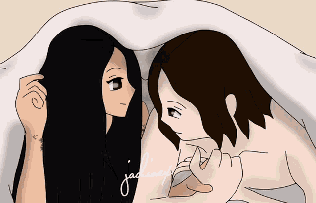 a drawing of two girls under a blanket with the name jadimes written on the bottom right