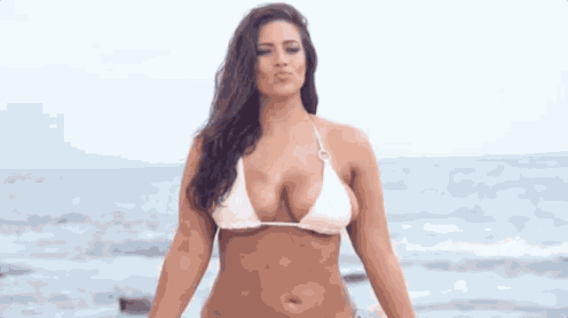 a woman in a bikini is standing on a beach near the ocean .