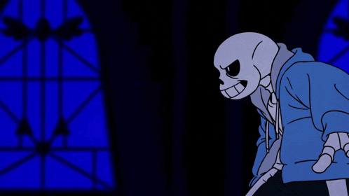 a cartoon of a skeleton in a blue hoodie reaching for a bone