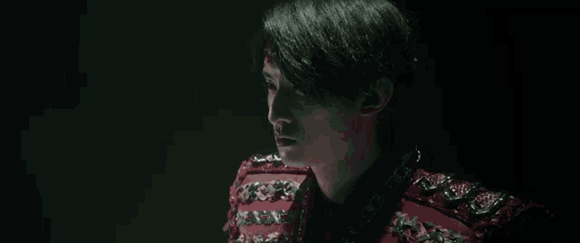 a man in a red and black jacket looks to his left