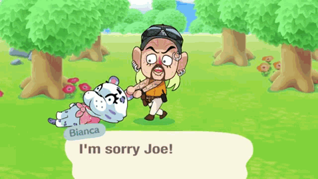 bianca says i 'm sorry joe while holding a dog