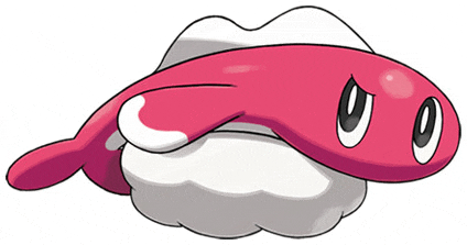 a cartoon drawing of a pink and white fish with a cloudy head