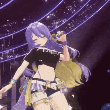 a girl with purple hair is singing into a microphone wearing a black shirt that says eclipse