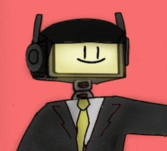 a cartoon character wearing headphones and a suit