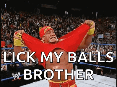 a man in a wrestling ring with his arms outstretched and the words `` lick my balls brother '' .