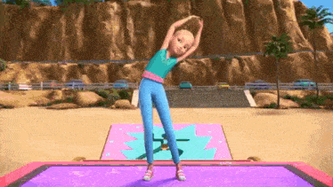 a barbie doll is doing yoga on a trampoline