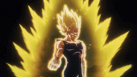 a cartoon character with glowing yellow hair and a black shirt