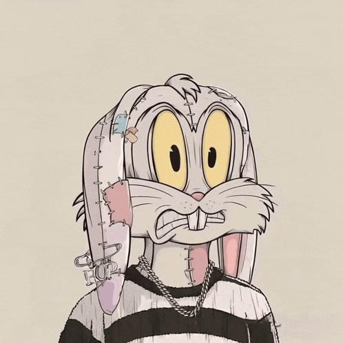 a drawing of bugs bunny wearing a striped shirt and chains