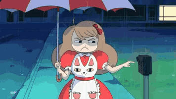 a girl with a cat apron holding an umbrella