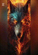 a close up of a wolf 's face with fire coming out of its eyes