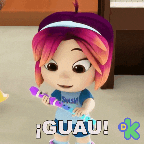 a cartoon girl with purple hair is holding a microphone and says " iguau "