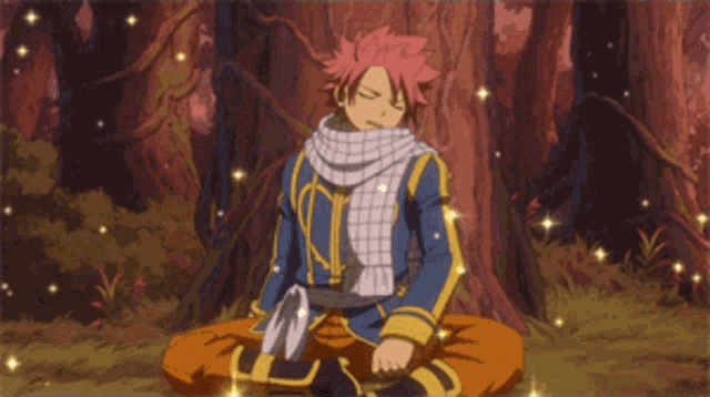a cartoon character with red hair and a scarf is sitting under a tree