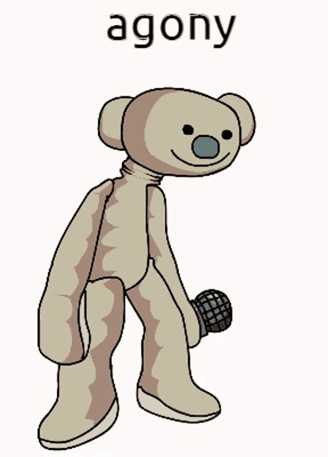 a teddy bear with agony written on the bottom of it