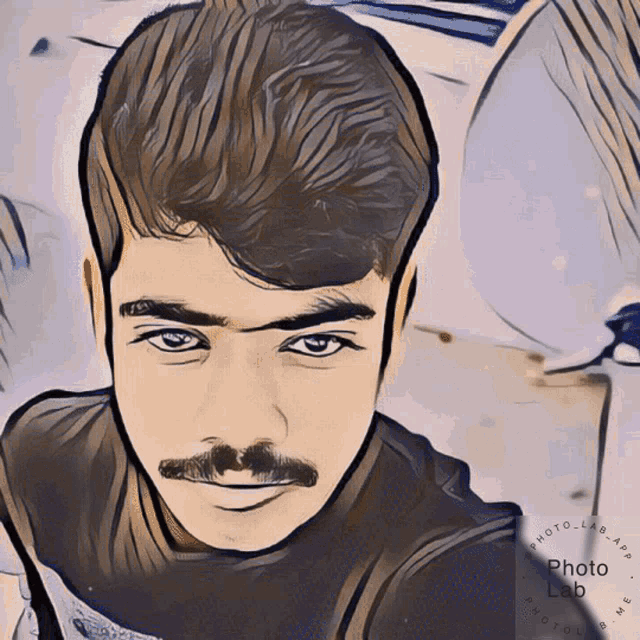 a cartoon drawing of a man with a mustache and the words photo lab around his neck