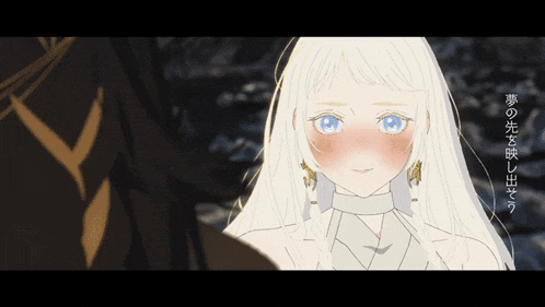 a drawing of a girl with white hair and blue eyes with chinese writing on it