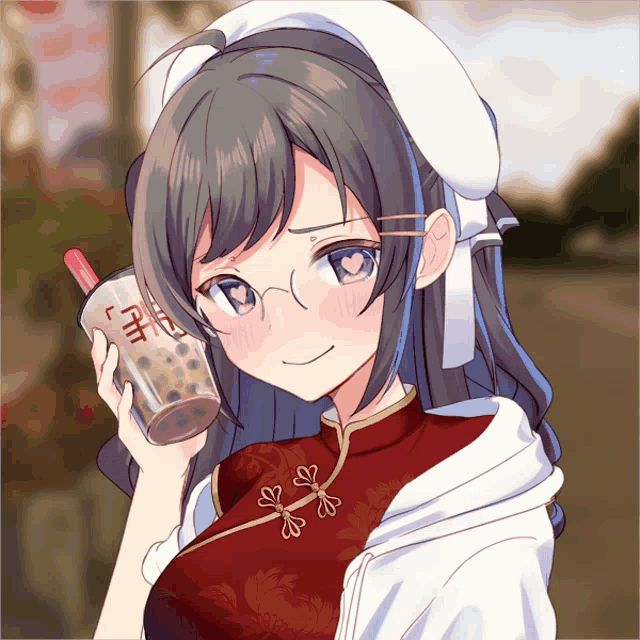 a girl with glasses is holding a bubble tea cup