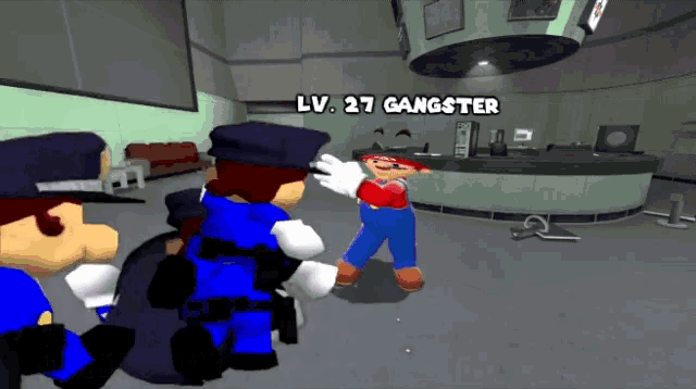 a video game character named lv 27 gangster is surrounded by police officers