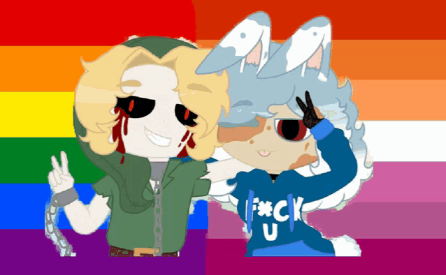 a couple of cartoon characters standing next to each other with one wearing a hoodie that says fuck u