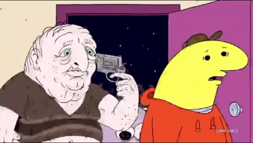 a cartoon of a man holding a gun next to a yellow man