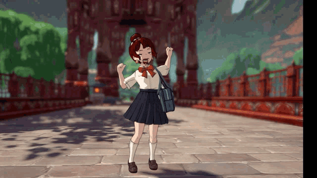 a girl in a school uniform stands on a brick walkway