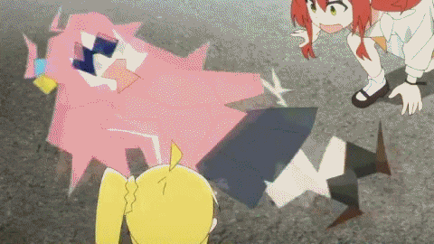 a cartoon of a girl standing next to a pink shark