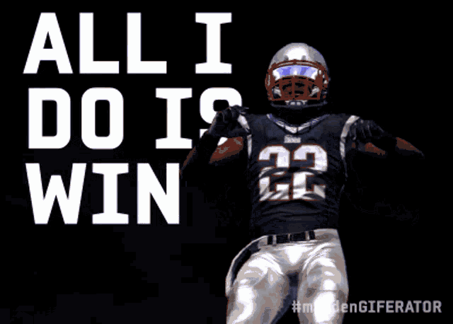 a football player with the number 22 on his jersey stands in front of the words all i do win