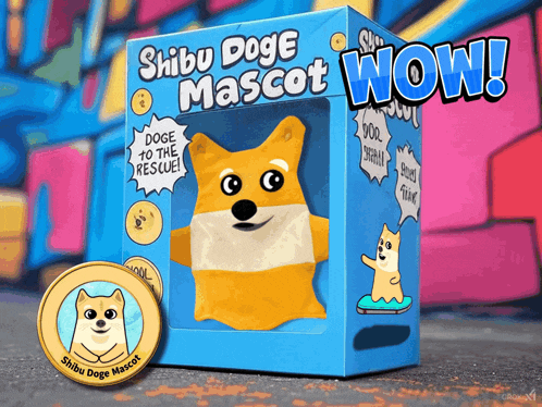 a shiba doge mascot in a box with a coin next to it