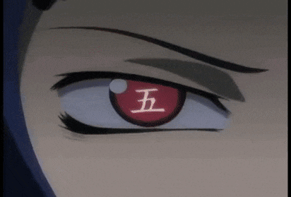 a close up of a person 's eye with a red pupil and chinese writing on it .