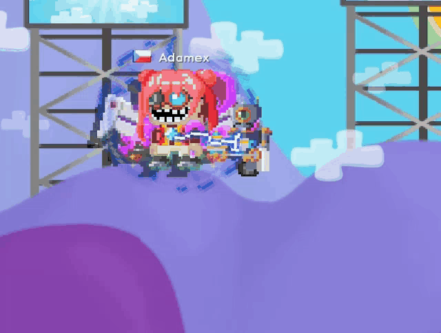 a pixel art character with the name adamex on the top