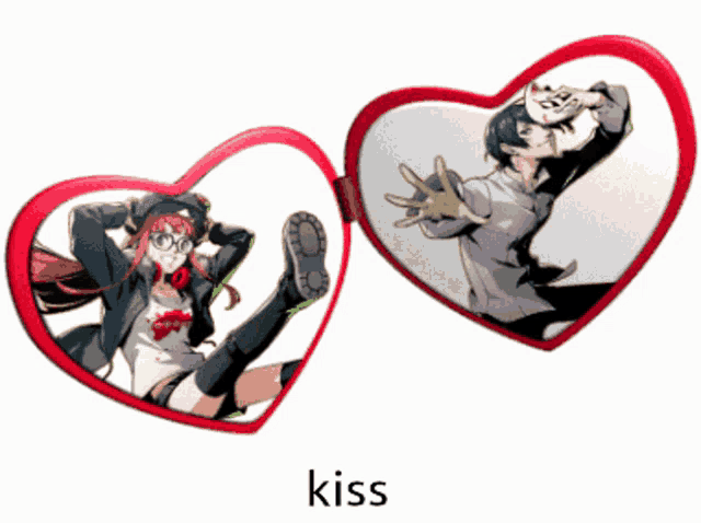 a picture of a girl and a boy in hearts with the word kiss below them