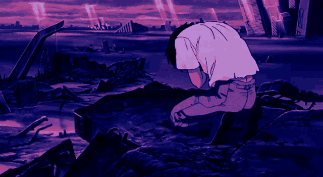 a man in a white shirt is kneeling down in a ruined city
