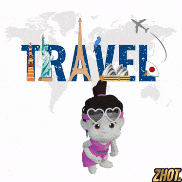 a cartoon girl stands in front of a travel poster