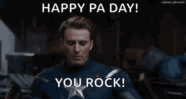 a man in a superhero costume is saying happy pa day you rock