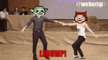 a man and a woman are dancing with the words lfbump in red