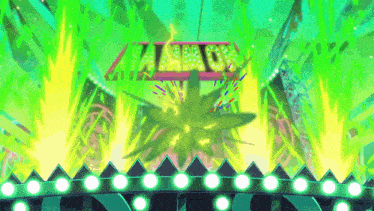 a cartoon drawing of a stage with a marijuana leaf in the background and the word zanzibar