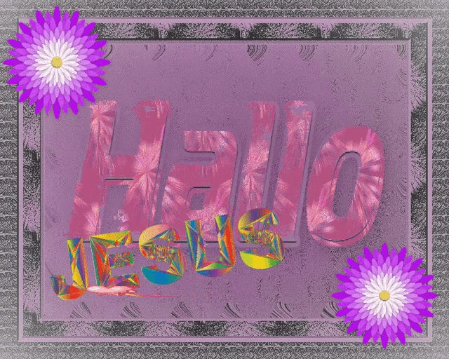 a purple background with flowers and the word hello