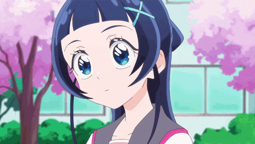 a girl with blue hair and a blue x in her hair
