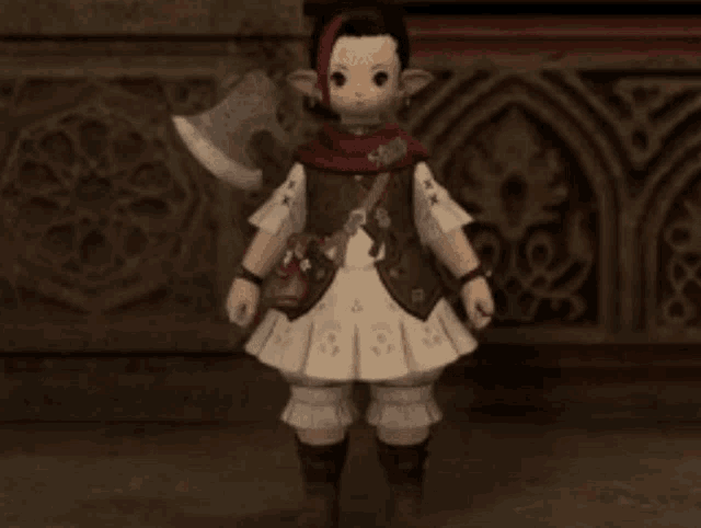 a little girl is holding an axe and wearing a red cape