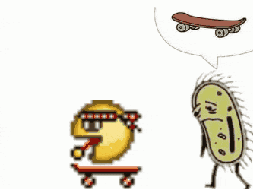 a pixel art drawing of a pac man riding a skateboard next to a porcupine