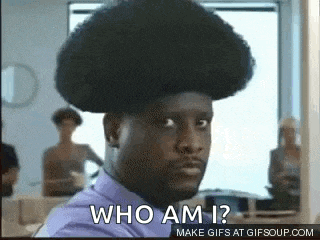 a man with a large afro on his head is asking who am i .