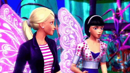 two barbie dolls , one blonde and one black , are standing next to each other .