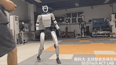 a robot is standing in a room with sustech act lab written on the bottom