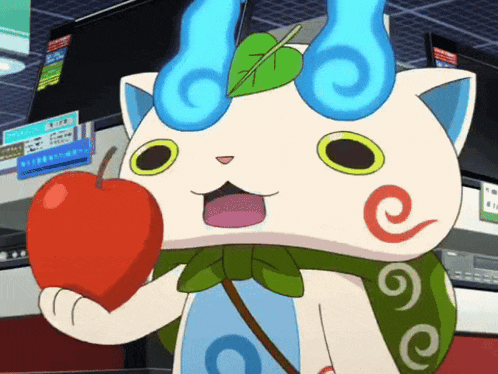 a cartoon cat is holding a red apple with a leaf on its head