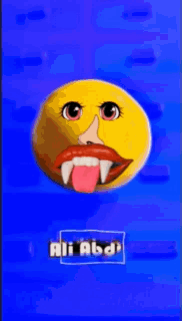 a yellow smiley face with vampire teeth sticking out its tongue