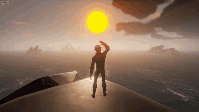 a man in a video game stands on top of a boat looking at the sun